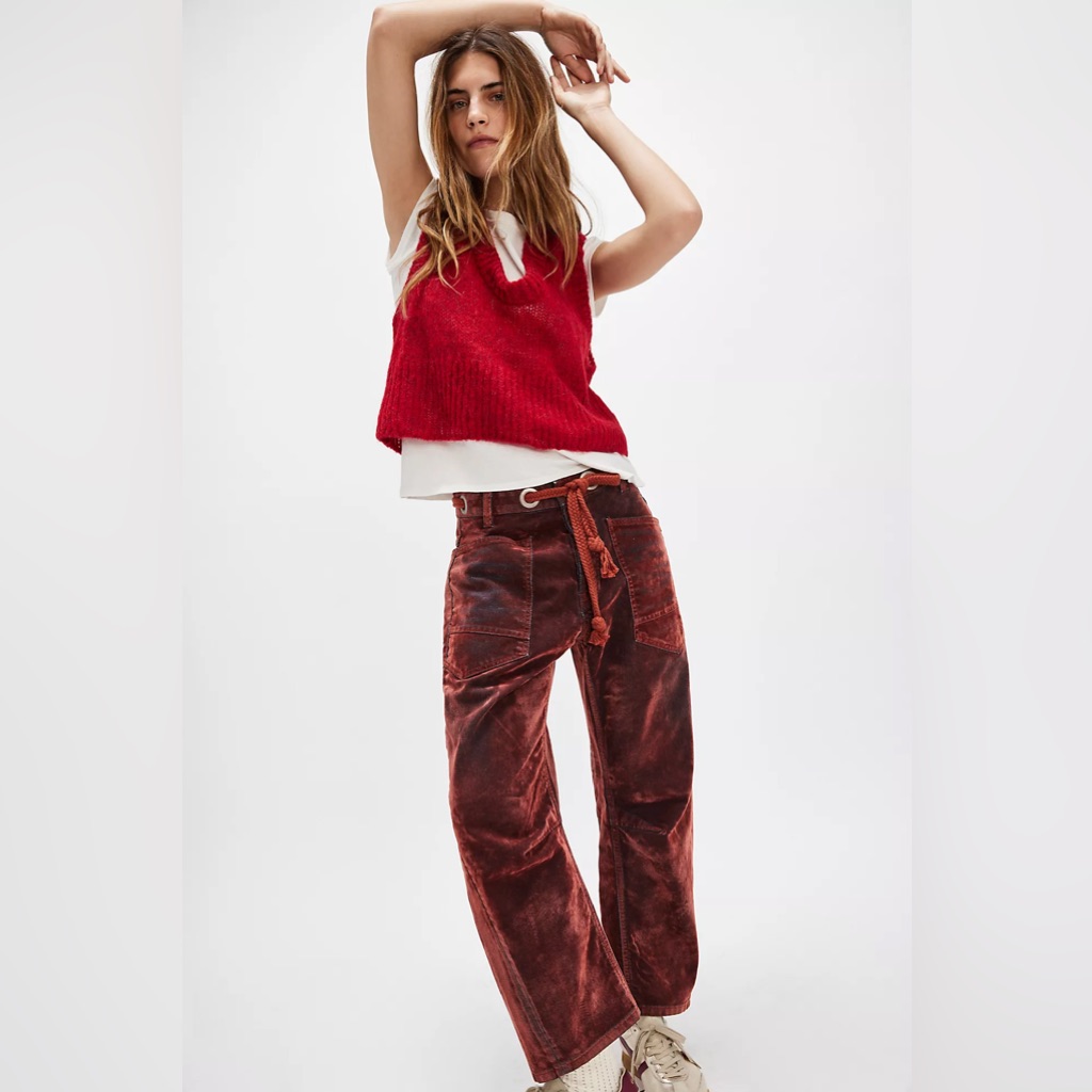 Nwt We The Free Moxie Flocked Pull-On Barrel Jeans In Chilli